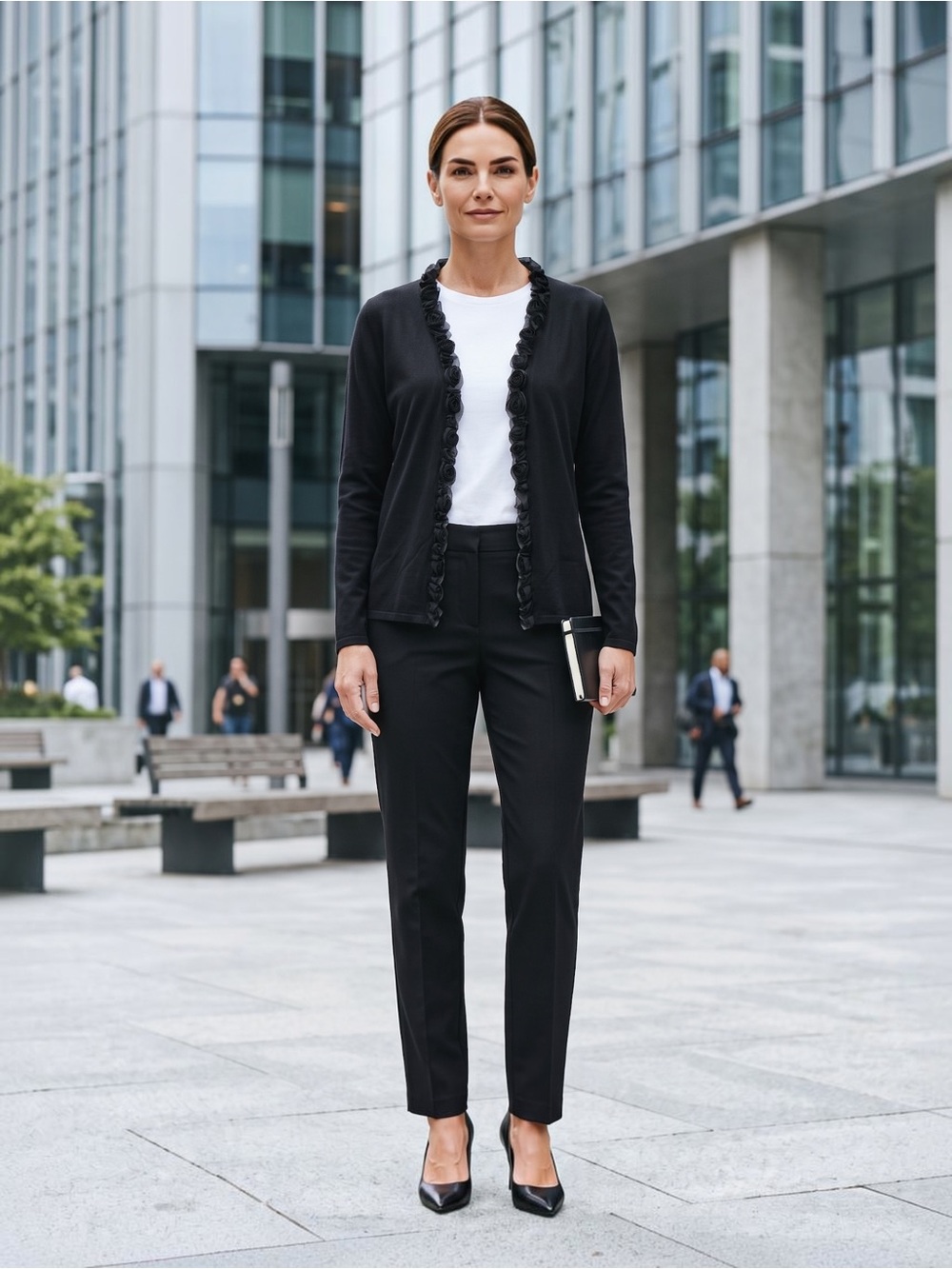 Cyrus Black Long-Sleeve Cardigan with Rosette Trim
